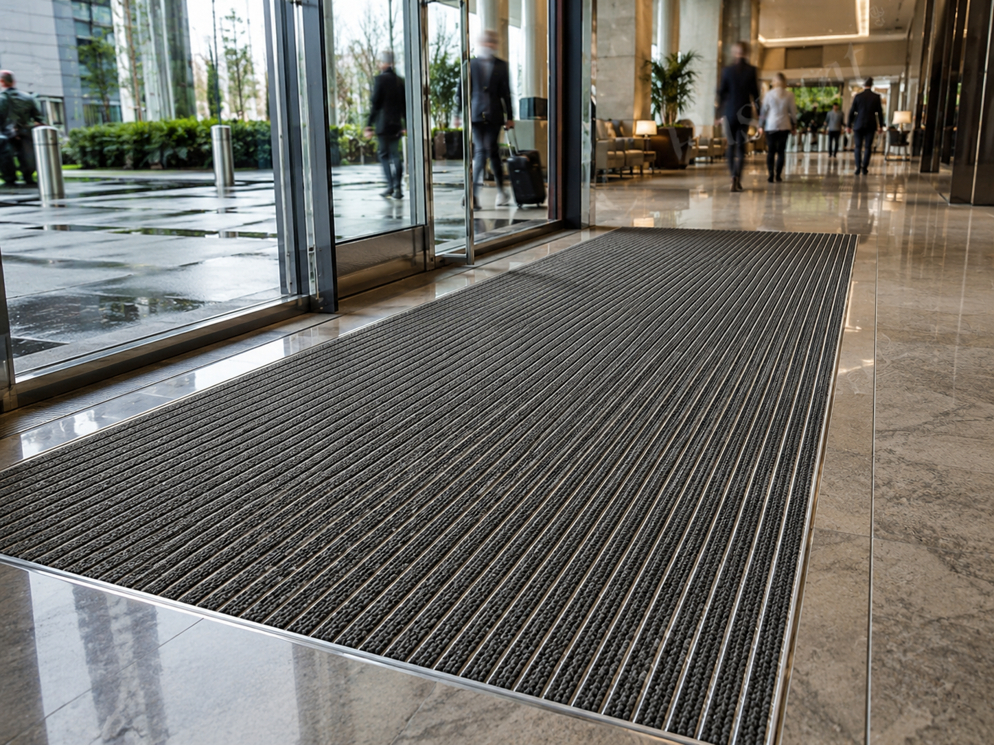 Aluminum HL entrance mat frame with replaceable insert material, close-up view