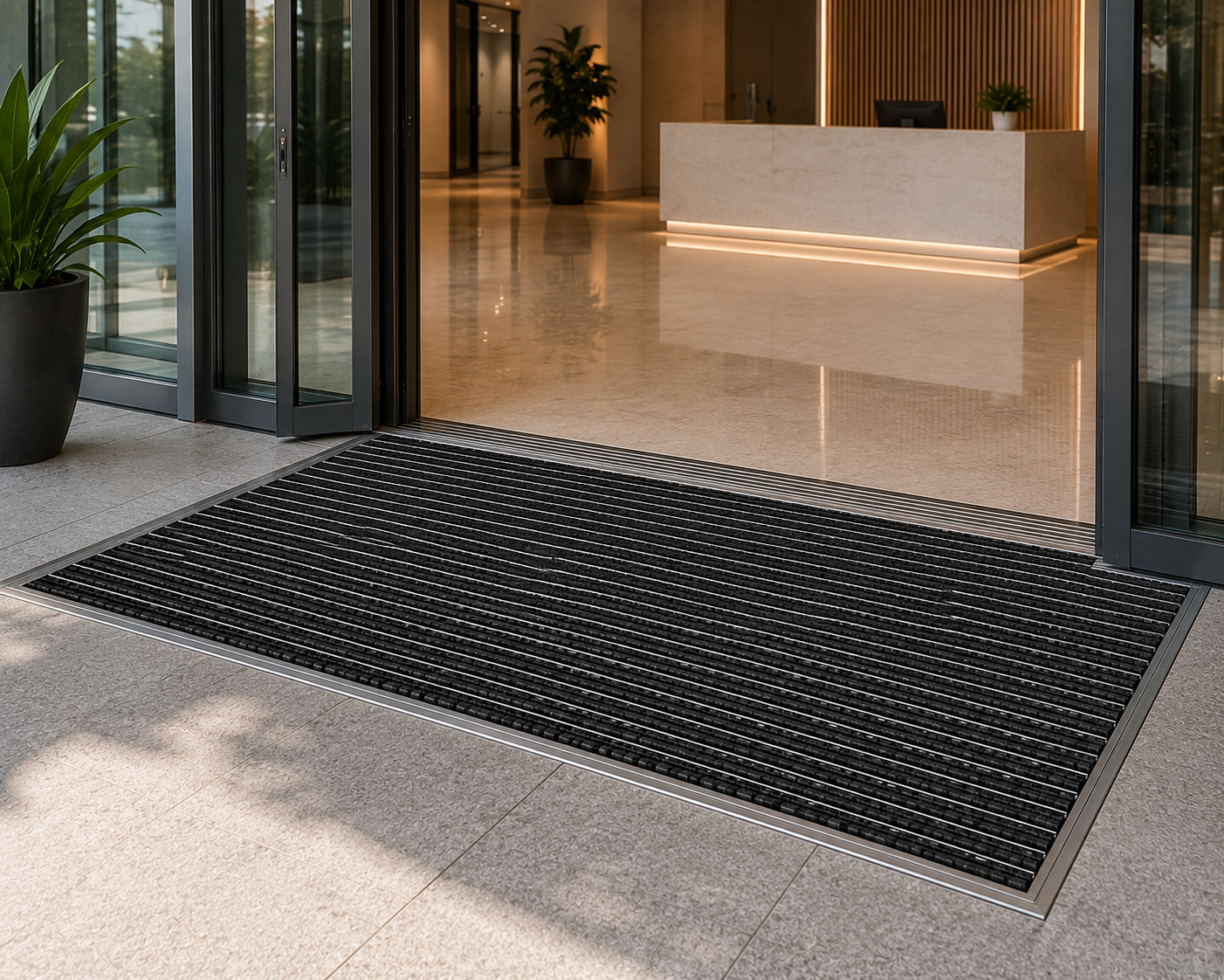 Custom recessed aluminum entrance mat installation in an office lobby