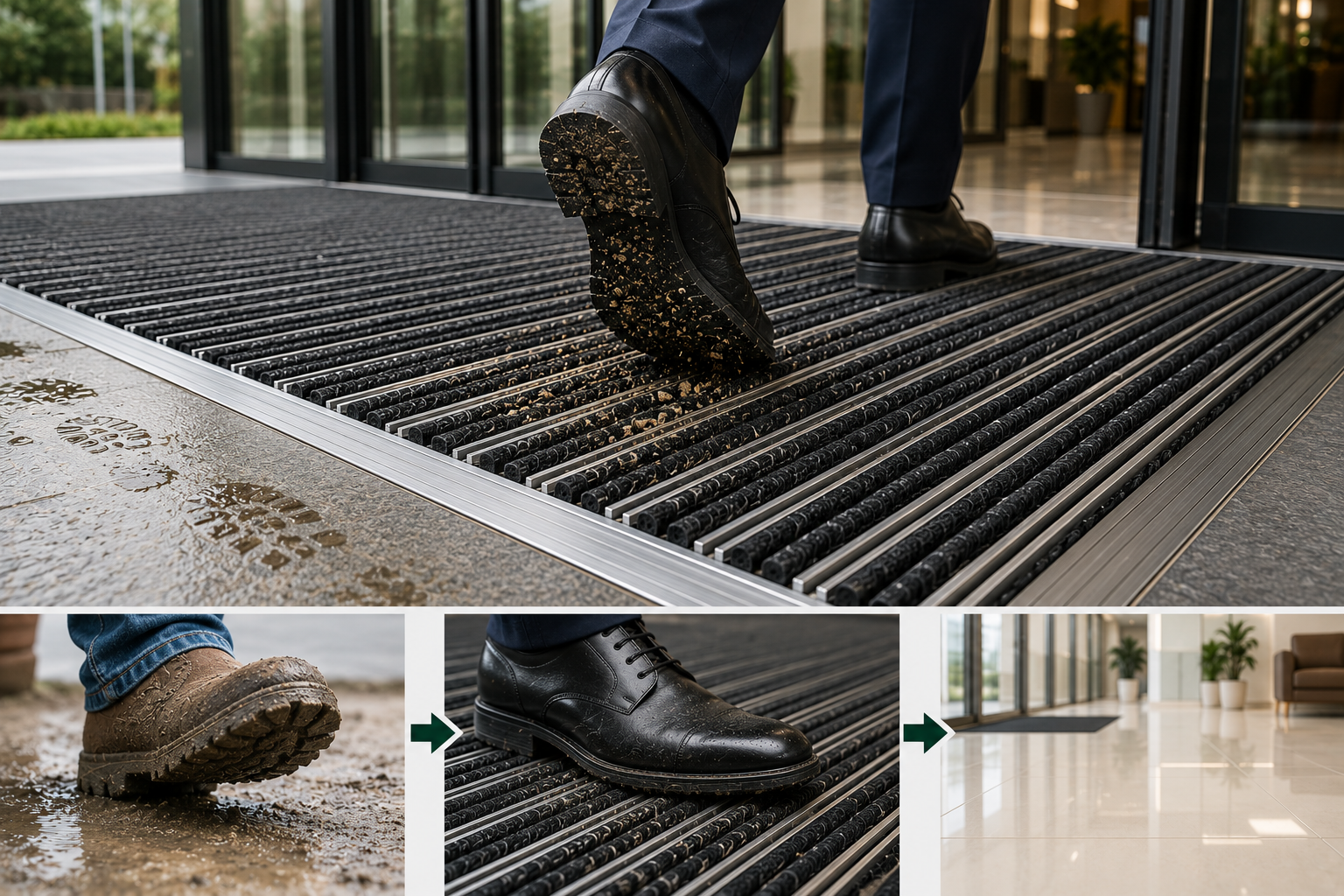 Aluminum entrance mat controlling dust sand and moisture at commercial doorway