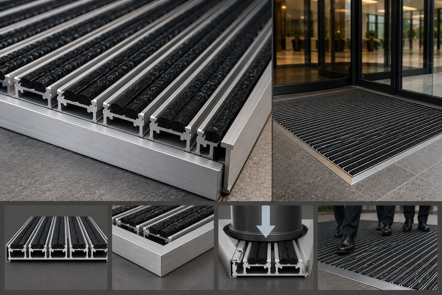 Heavy-duty aluminum entrance mat frame structure close-up