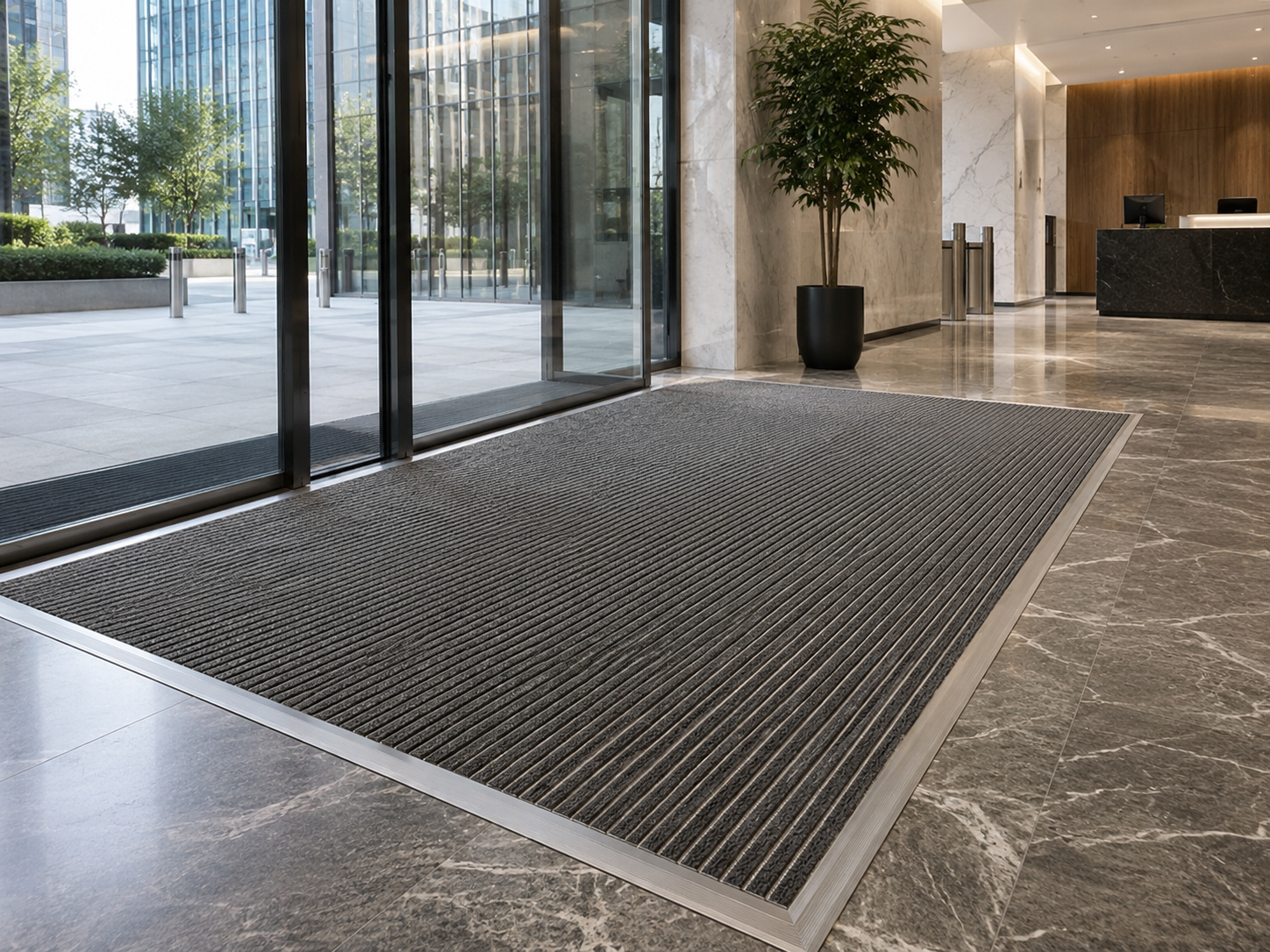 Office building lobby with custom aluminum entrance mat