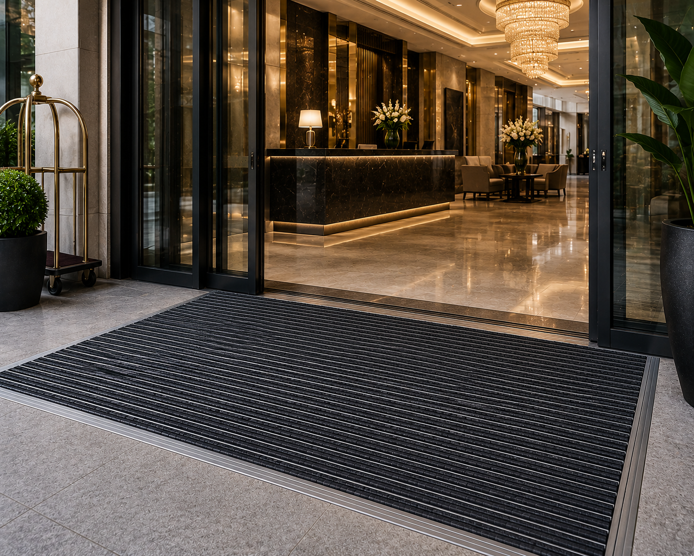 Premium aluminum entrance mat system installed in a hotel lobby