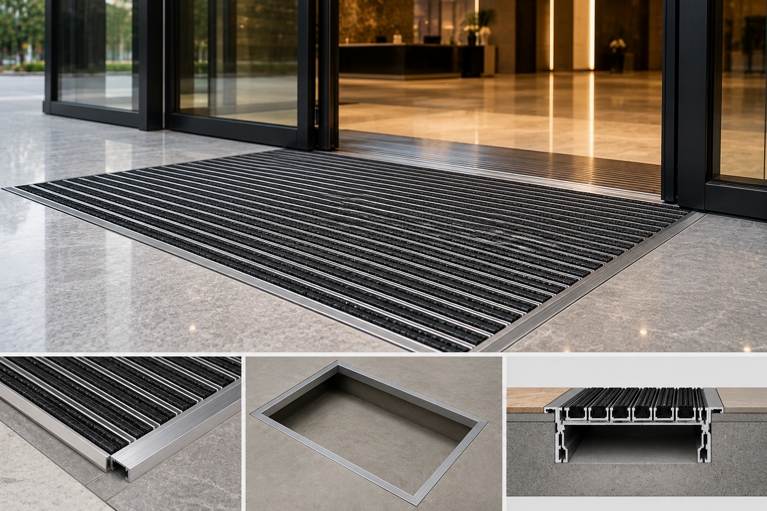Recessed installation of aluminum mat in entrance pit