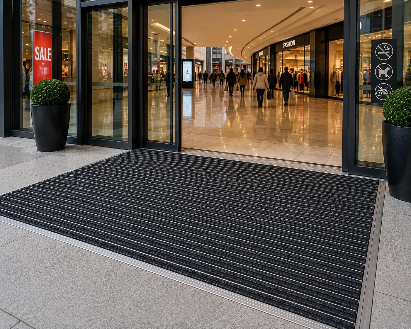 Shopping mall entrance with heavy-duty aluminum mat