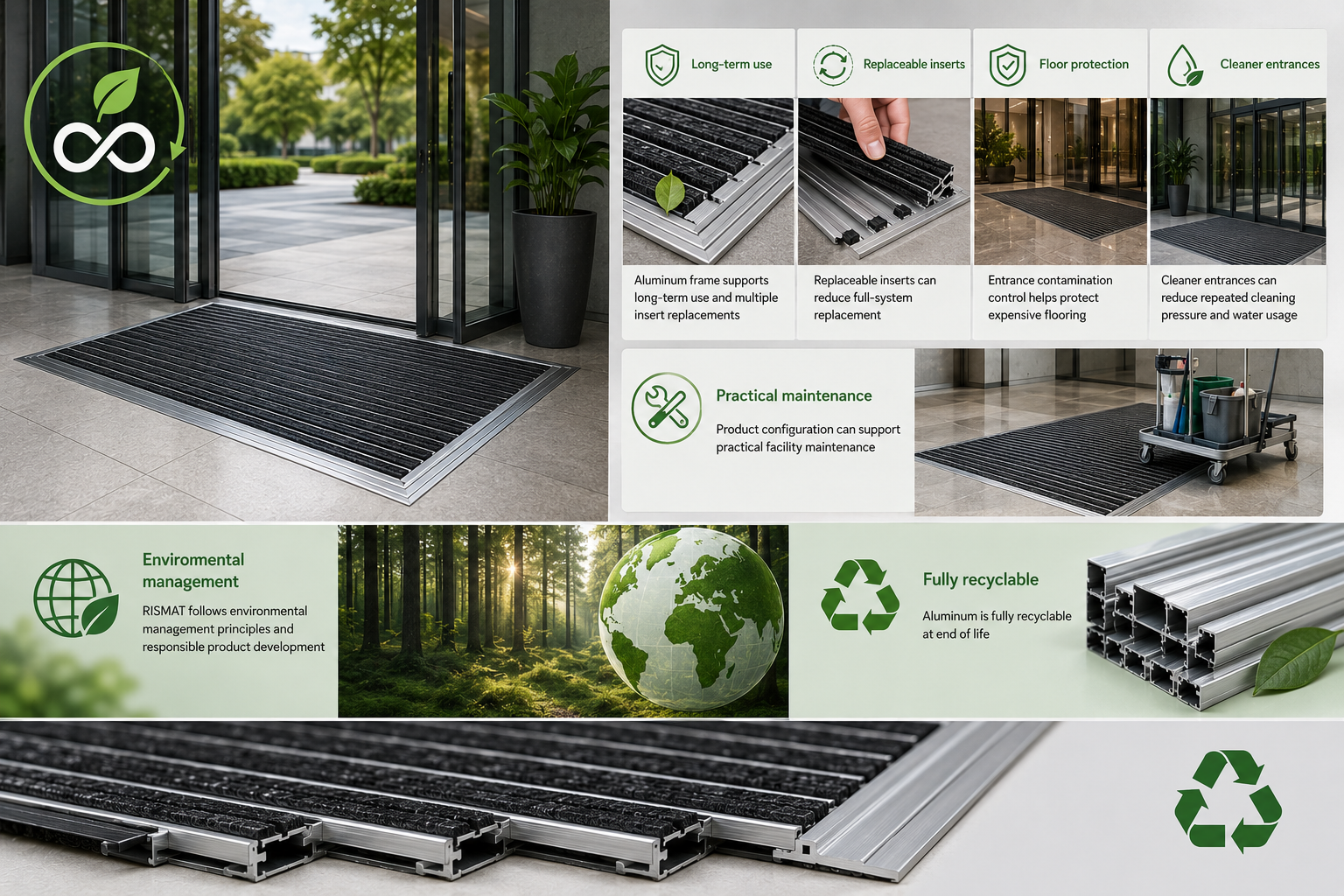 Sustainable aluminum materials and eco-friendly entrance mat system