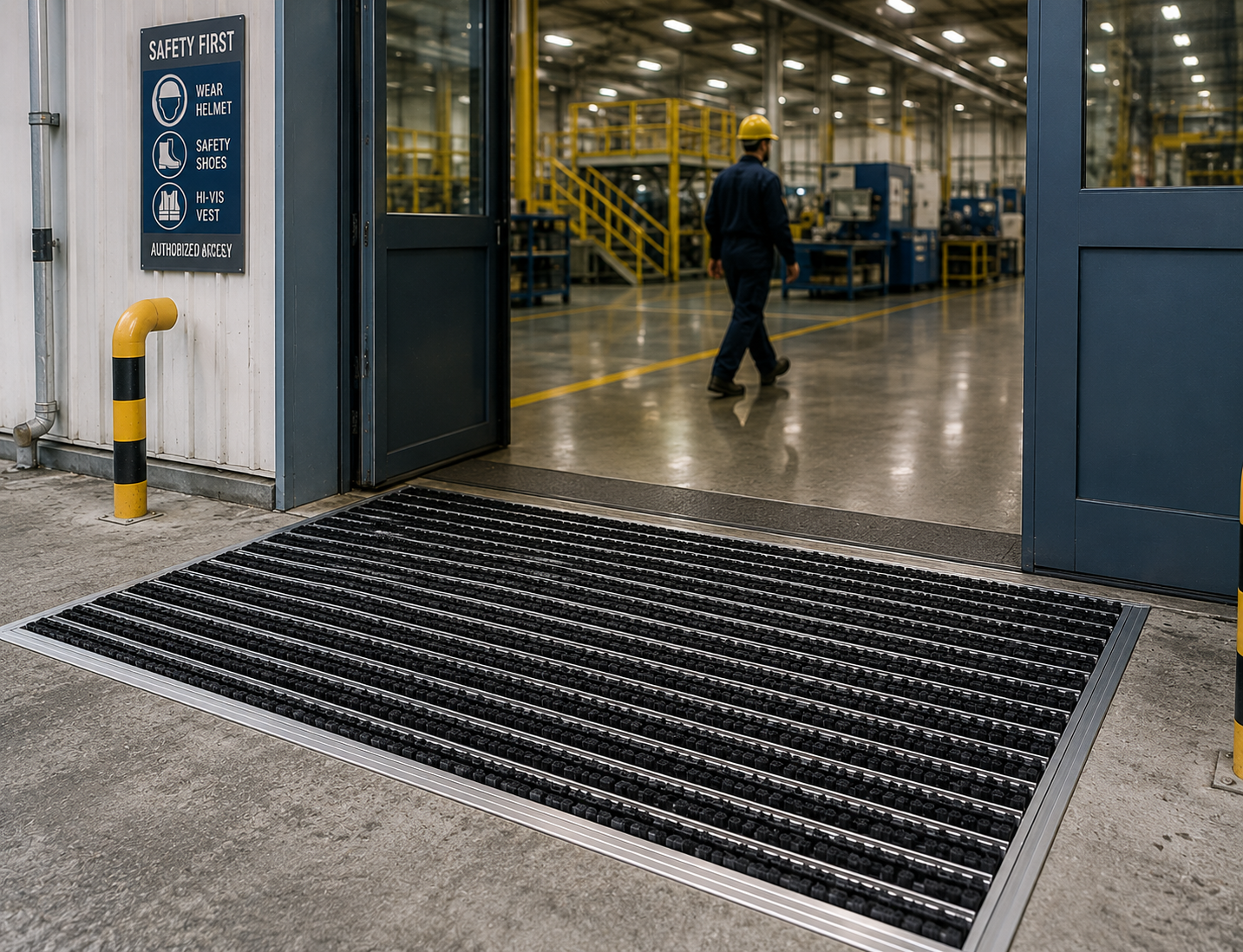 Industrial facility entrance with scraper aluminum mat